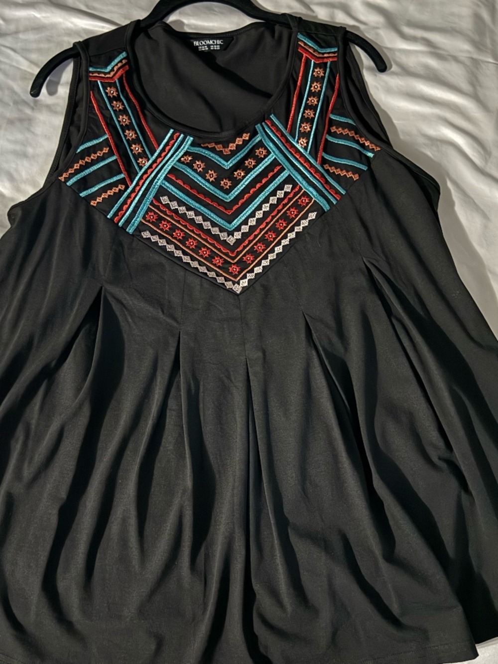 Embroidered Neckline Pleated Front Panel Tank Top